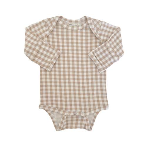 Long Sleeve Bodysuit, Tan Gingham