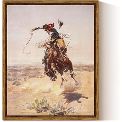 InSimSea Framed Canvas Wall Art Western Cowboy Decor Rustic Vintage Cowboy Oil Paintings Horse Riders of Mid-Century Art Prints Ranch Lunar Landscape Wall Pictures Antique Wall Decor Aesthetic Posters