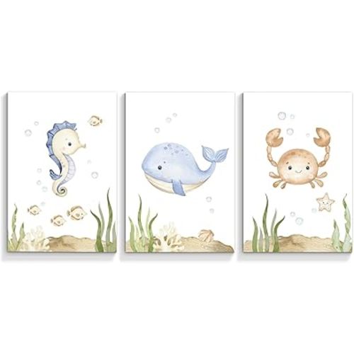 Wodkwq Nursery Wall Art Sea Animal Canvas Prints Baby Girl Boy Room Decor Watercolor Paintings Pictures Cute Ocean Theme Toddler Room Decoration Set of 3 for Kids Bedroom Bathroom 12x16in Unframed
