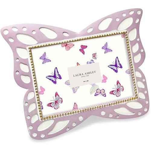 Laura Ashley 4x6 Horizontal Lavender Resin Butterfly Picture Frame with Dotted Edges, Photo Frame with Black Fabric Easel, Made for Tabletop & Wall-Hanging Display (6x4, Lavender)