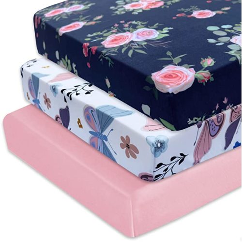 AMROSE 3 Pack Heavenly Soft Crib Sheets for Baby Girls, 28'' X 52'' Fitted Crib Sheets for Crib and Toddler Mattress Pad, Silk Touch Gentle Breathable Microfiber, Floral & Butterfly - Floral & Butterfly & Pink
