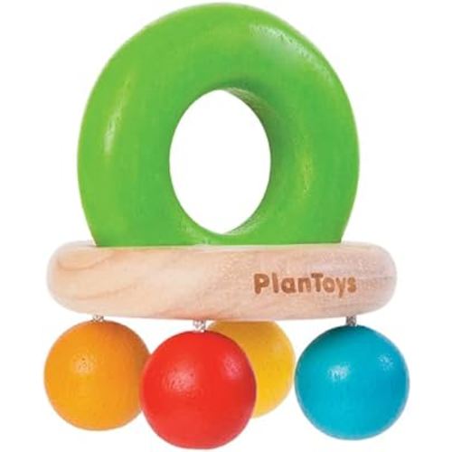 PlanToys (5213) Wooden Bell Rattle and Teether Baby Toy Sustainably Made from Rubberwood and Non-Toxic Paints and Dyes