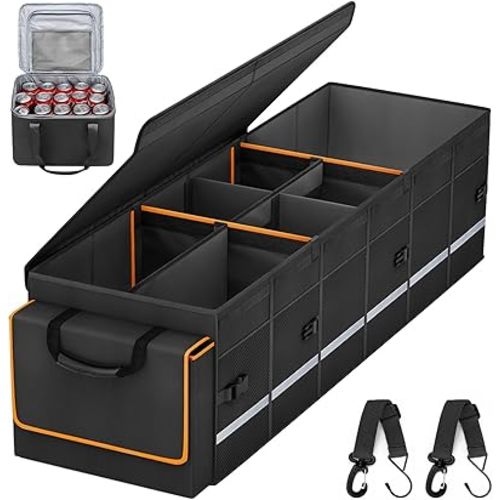 Car Trunk Organizer and Storage with Lid & Removable Leakproof Cooler Bag, Car Accessories 6 Removable Dividers for Custom Space, Collapsible Large Trunk Organizers Interior for SUV Sendan with Cover