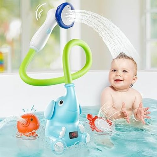 Baby Bath Shower Head with Water Thermometer, 3-in-1 Rechargeable Bath Toys, 3 Exchangable Shower Heads and Soft Silicone Baby Brush, for Newborns, Toddlers in The Tub or Sink-Button