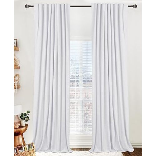 100% Blackout Shield Linen Blackout Curtains for Bedroom 84 Inches Long, Back Tab/Rod Pocket Living Room Drapes, Thermal Insulated Blackout Curtains 2 Panels Set, 50" W x 84" L, Bright White