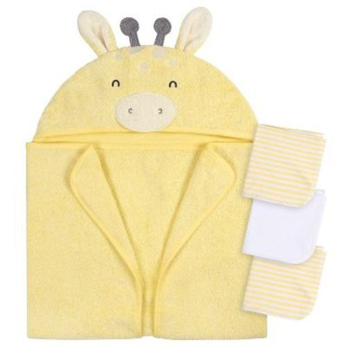 Gerber Baby Yellow Giraffe Hooded Bath Towel & Washcloths, One Size Fits Most, 4-piece Set