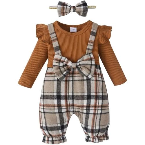 Baby Girl Clothes Fall Winter Outfit Infant Girl Plaid Long Sleeve Ruffle Romper One Piece Jumpsuit with Headband