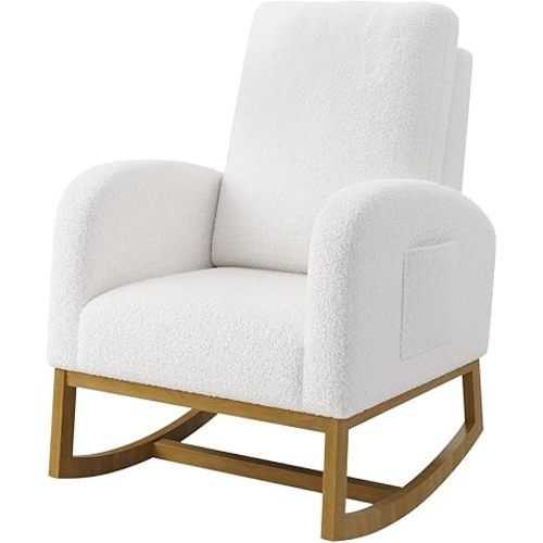 Upholstered Glider Rocking Chair, High Back Nursery Chair with Side Pocket Wood Legs, 300lbs Capacity Modern Rocker for Breastfeeding, Storytime, Non Slip Rubberwood Base