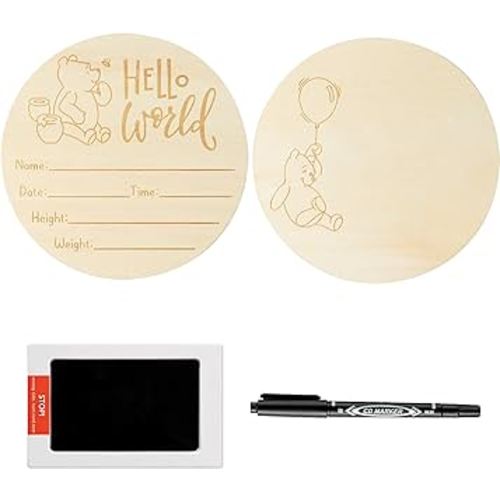 Winnie Baby Birth Announcement Sign with Ink Pad Hello World Wooden Baby Birth Sign with Marker Pen for Hand and Footprints Newborn Bear Round Wood Plaque Welcome Sign for Boys Girls Shower Keepsake