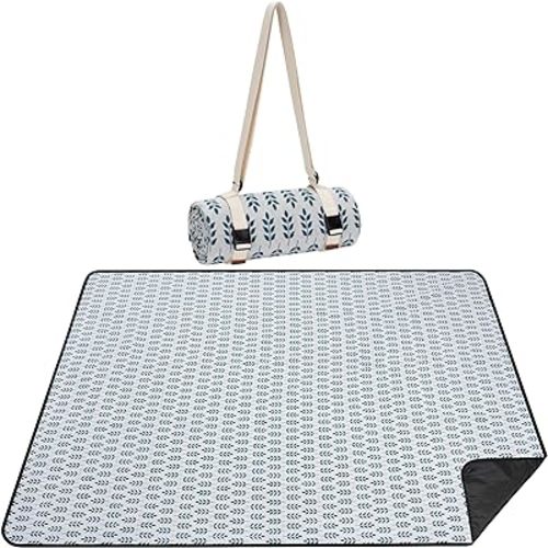 Picnic Blankets Washable | Beach Mat Sand Free Waterproof | Camping Blankets | Emergency Blankets | Picnic Baskets Accessories with Waterproof Backing and Shoulder Strap - BlueLeaf