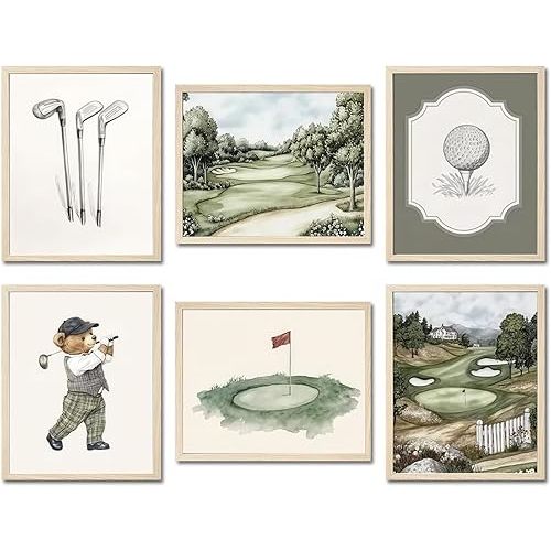 Mynotix Golf Nursery Canvas Poster Set of 6, Vintage Baby Boy Golf Sport Wall Art Teddy Bear Sage Green Kids Wall Decor Print for Living Room Bedroom Children's Room Unframed 8x10 inch
