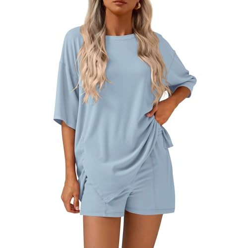 KIRUNDO 2 Piece Sets for Women Summer Lounge Sets Casual Oversized Tshirts Shorts Matching Airport Travel Outfits Postpartum