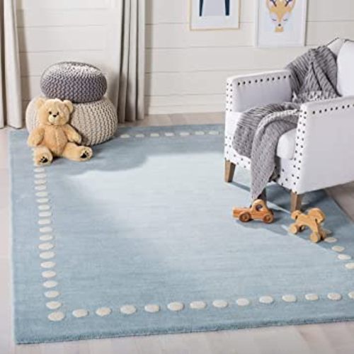 SAFAVIEH Kids Collection Accent Rug - 4' x 6', Blue & Ivory, Handmade Polka Dot Border Wool, Ideal for High Traffic Areas in Entryway, Living Room, Bedroom (SFK802M)
