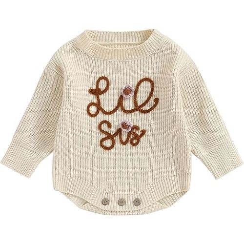 VISGOGO Big Little Sister Matching Set Baby Girls Knitted Sweater Embroidery Toddler Sweatshirt Romper Clothes