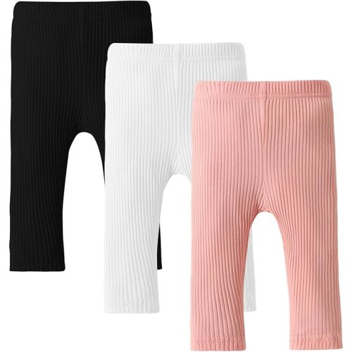 DREAM BUS 3 Pack Baby Girl Pants Toddler Leggings Solid Ribbed Cotton Baby Girls Flare Pants Toddler Bell Bottoms