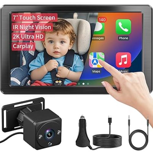 7" HD Touchscreen Baby Car Camera - Car Baby Monitor with Apple CarPlay, 2K Ultra HD Night Vision, Invisible Infrared Lights, 150° Wide Angle, Easy Installation, Fits Most Cars