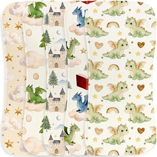 Wauprant 5 Pack Baby Burp Cloths, Soft Cotton Dragon & Castle Theme Burp Cloths, Super Absorbent Cute Magical Woodland & Knight Print Washcloths, Newborn Baby Boy Essentials Gift Set