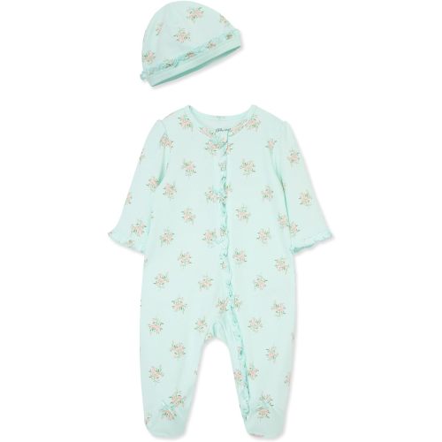 Little Me Clothes for Baby Girls 100% Cotton Scratch-Free Tag Footed One-Piece Romper and Hat Sleeper Set Preemie to 9 Months