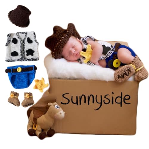 Vemonllas Newborn Photography Props Cowboy Outfit Photo Prop Vest Hat Diaper Cover Boots Baby Photoshoot Crochet Costume
