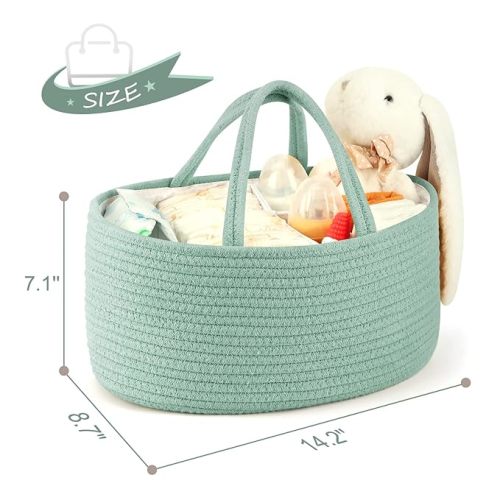 Maliton Diaper Caddy Organizer for Baby, Portable Diaper Storage Organizer for Changing Table and Car, Cotton Rope Nursery Storage Bin Basket for Baby Shower, Newborn Essentials Must Haves - Green - Large - B-Green