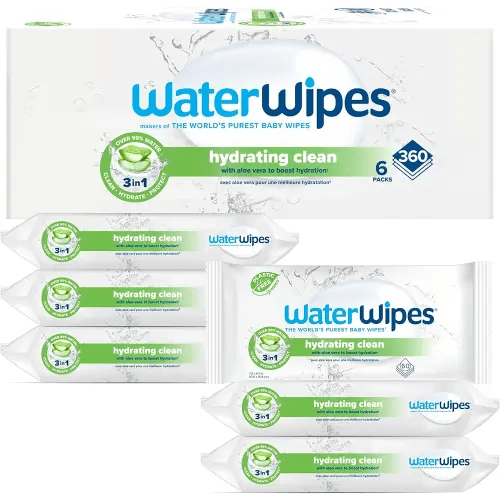 WaterWipes Hydrating Clean Baby Wipes, 99% Water-Based Formula with Aloe Vera to Hydrate & Clean Skin, Unscented & Hypoallergenic, 360 Count (6 Packs)