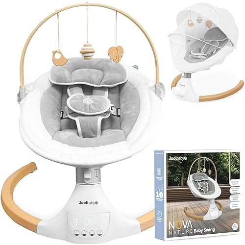 Jool Baby Nova Nature Baby Swing for Newborns with Natural Wood Toys, Electric Motorized Infant Swing, Bluetooth Music, Remote (Gray)