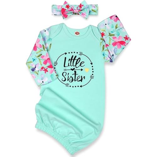 Baby Gown 0-6 Months Newborn, Super Soft Breathable Baby Nightgowns, Baby Girl Little Sister Nightgowns Coming Home Baby Gown with Headband Set Mint Green