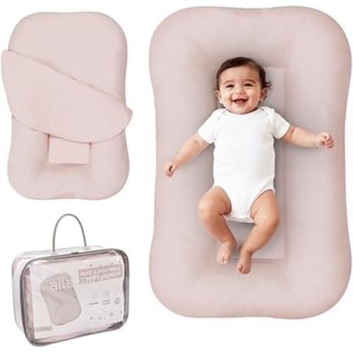 Aila + Aiden Baby Lounger | Organic Cotton Infant Lounger | Adjustable & Portable Floor Lounger | Supervised Use | Soft, Breathable, Washable Cover - Snuggle Collection - (Pink)