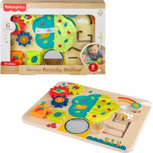 Fisher-Price Wooden Activity Station Baby Busy Board Toy for Developmental Play, 6 Months +