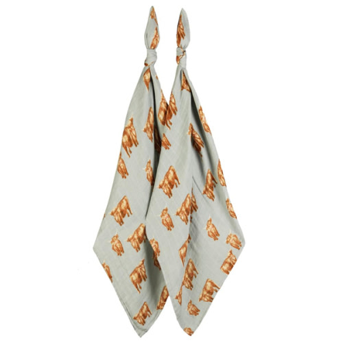 Highland Cow Bamboo Muslin Two-Piece Burp Cloth Set | MILKBARN | Bamboo Baby Accessories