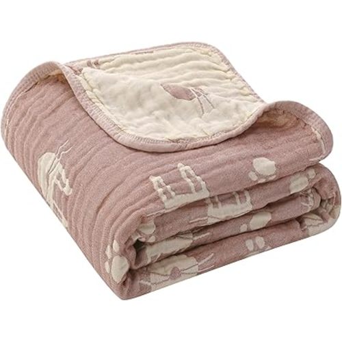 6-Layer Muslin Baby Blanket Made with Organic Cotton - Cute Bunny Rabbit Jacquard Swaddle & Crib Quilt, 43”x 43”,Blush Pink Bunny