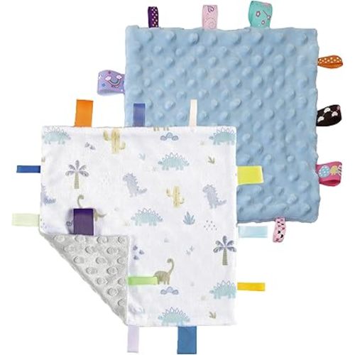 CREVENT Tag Security Blankets for Babies, Soft Small Loveys for Boys, Baby Comforter Sensory Blanket, Great Gifts for Birthday Baby Shower (10"X10" Dino + Blue)