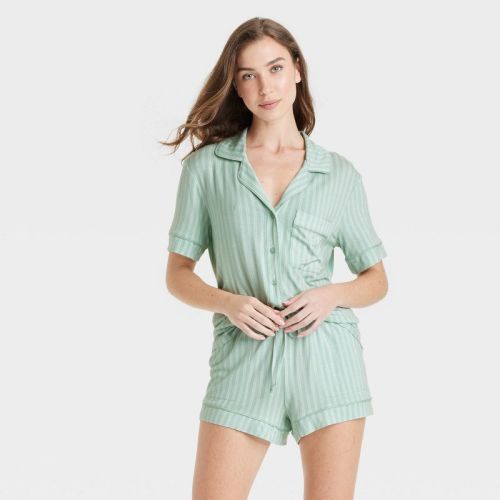 Women's Cloud Knit Short Sleeve Top And Shorts Pajama Set - Auden™ Blue/branches M