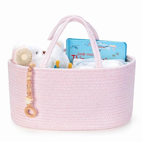 Kodomoore Large Diaper Caddy Organizer, Baby Storage Basket, Nursery Bin and Car Organizer for Diapers, Gift Basket for Baby Shower List or Newborn Essentials, Boys and Girls - Pink