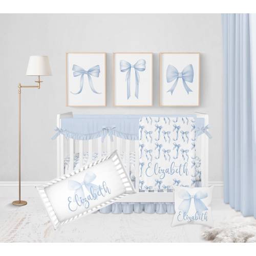 Baby Girl Crib Bedding Set, Blue Bow Crib Bedding Set Girl, Bow Baby Bedding Crib Sets Girl, Coquette Nursery Bedding Set, Blue Crib Bedding