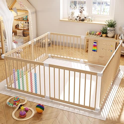 Large Wooden Baby Playpen (8/10 Panel) Shape & Size Adjustable Playpen for Babies and Toddlers, Baby Fence Baby Play Yard with Door, Baby Gate Play Pen for Kids Activity Center 63”×63”