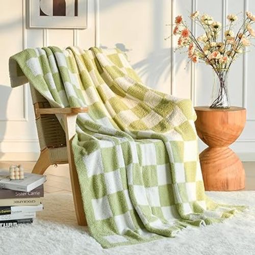 Checkered Throw Blanket for Couch, Green Checkerboard Blankets with Soft Fluffy Microfiber for Bed Sofa, Cozy Knit Lightweight Decorative Travel Bed Blanket for Camping Picnic, 27"x39"