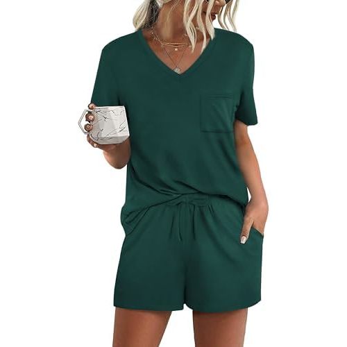 RUBZOOF Women's Short Sleeve Pajama Sets with Pockets Casual V Neck 2 Piece Lounge Sets S-3XL