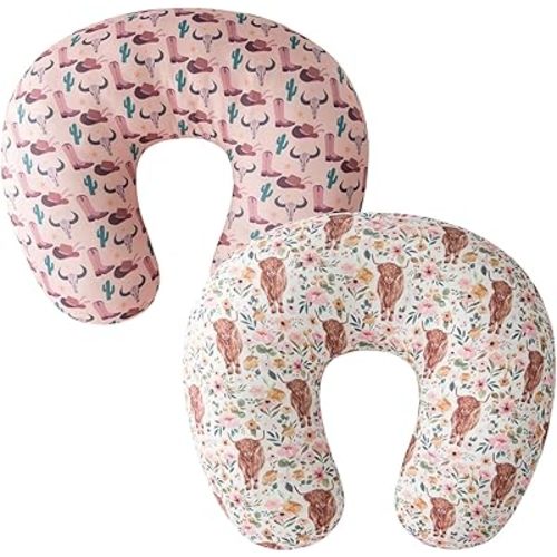 Little Jump 2 Pack Nursing Pillow Covers, Stretchy Removable Case for Breastfeeding Pillows, Ultra Soft Comfortable Slipcover for Baby Girls Western Cowgirl Boots Hats Highland Cows (2 Pack Cowgirl)
