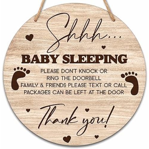 valucise Baby Sleeping Sign for Front Door, Do Not Knock or Ring Doorbell Round Hanging Sign With Rope, Rustic Wooden Baby Bedroom Nursery Home Front Door Porch, New Mom Gifts, B(02)