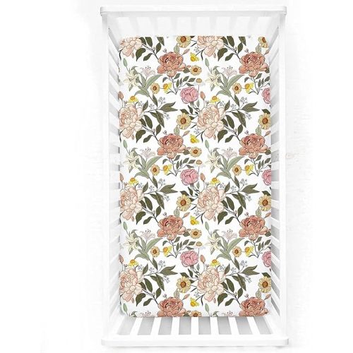 Crib Sheets for Girls Boys, HNHUAMING Jersey Cotton Crib Fitted Sheets, Baby & Toddler Universal Neutral Crib Mattress Sheets, Boho Vintage Floral Breathable Crib Sheet Set