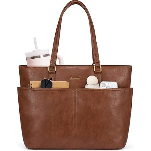 LOVEVOOK 17.3 Inch Laptop Bag for Women, Vintage Leather Work Tote Bags with Large Cup Holder, Teacher Nurse Medical Professional Computer Bag, Office Briefcase Handbag Gift