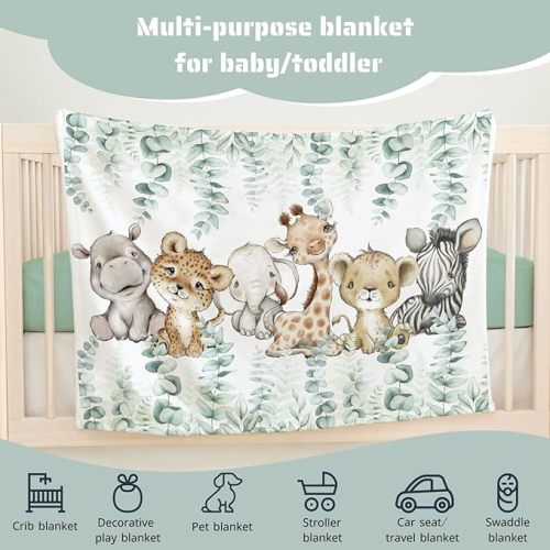Baby Toddler Boy Girl Safari Jungle Animals Blanket Gift, Nursery Elephant Giraffe Zebra Lion Flannel Fleece Swaddling Blankets, Soft Lightweight Newborn Baby Shower Kid Crib Bedding 50 x 60 - 50x60 inch