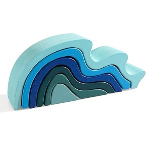 Wooden Rainbow Stacking Toy, Water Wave Elements Wooden Stacker, Various Shapes Nesting Stacking Blocks, Waldorf & Montessori Open-Ended Education Toy for Kids/Toddlers