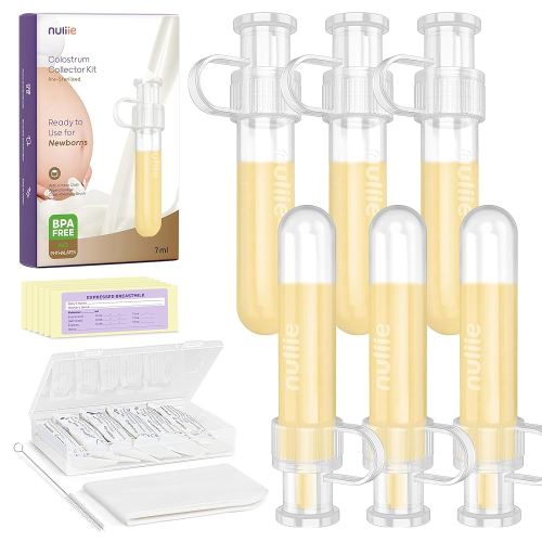 Nuliie Colostrum Collector Kit 7ml/6pcs, Leakproof, Reusable Breast Milk Collector, Heat & Freezer Resistant, BPA-Free, With Cotton Cloth Wipe, Storage Case, Cleaning Brush - Ready-to-Use for Newborns