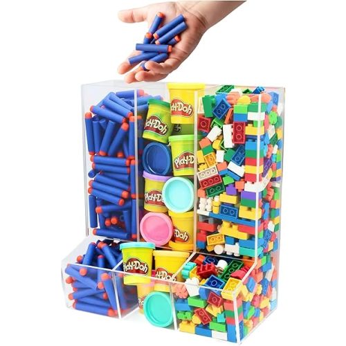SimplyImagine Triple Acrylic Toy Dispenser for Kids - Self-Serve Snack & Toy Foam Blasters, Car Storage for Wall or Countertop - Clear 3-Compartment Hanging Organizer for Playroom & Nursery - 12.5" H