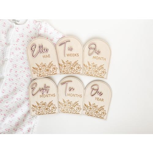 Arched Floral Monthly Milestones Markers | Baby Girl Shower Gift | Newborn Birth Announcement | Laser Engraved Wood Photo Prop | Nursery