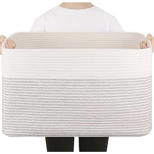 75L Large Blanket Basket, Toy Basket Bin for Kids, Cotton Rope Woven Storage Basket for Living Room, Bedroom, Nursery, Baby Room Decorative Organizer, 22''×17''×12'', Black & White