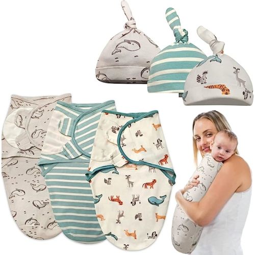 Baby Swaddles with Hats for Newborn Boys and Girls - 3 Pack Organic Cotton Easy Adjustable Swaddle Blanket - Infant Cozy Sleep Sack Baby wrap (Baby Romper-Baby Sleepwear 2, Large (3-6 Months)) - Baby Romper-baby Sleepwear 2