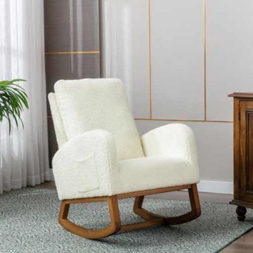 QQU Plush Teddy Glider Rocker - Modern High Back Upholstered Rocking Chair with Side Pocket, Glider Chair with Wood Frame, Nursery Rocking Accent Armchair for LivingRoom,Bedroom, Breastfeeding, Cream